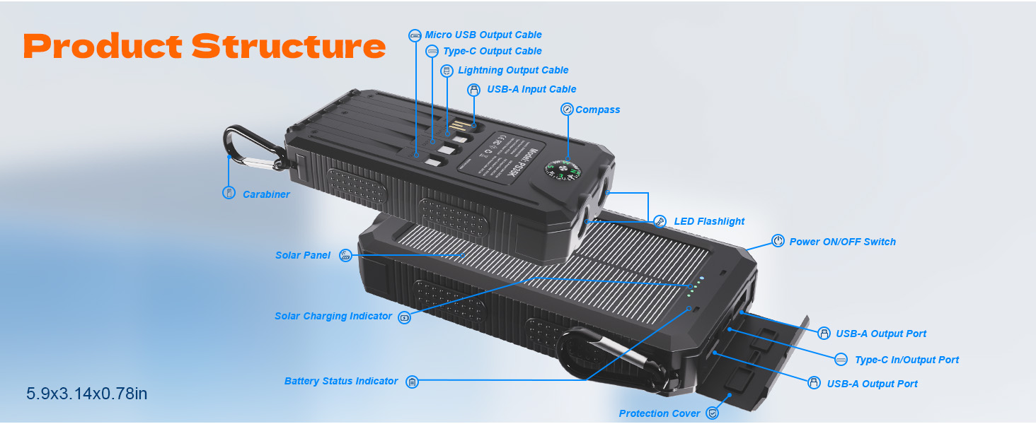 Power Bank Solar Charger 20,000mAh, Portable Phone Charger, 4 Cables Outdoor External Backup