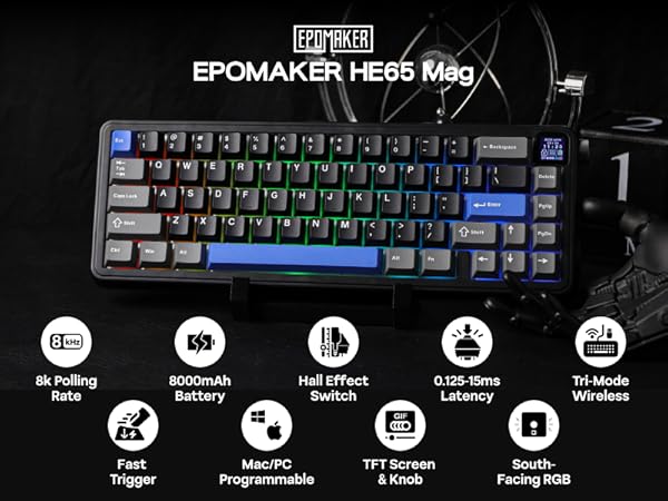EPOMAKER HE65 Mag mechanical keyboard with RGB backlighting. Features include 8K polling rate, 8000mAh battery, Hall Effect switches, low latency, and programmable for Mac/PC.