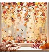 FYSUIMU 9 Sheet Fall Floral Window Clings Retro Hanging Flower Vine Leaves Pumpkin Reusable Windo...