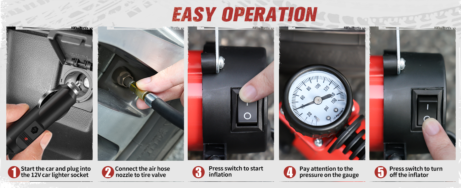 Easy 5 steps to start inflation with 12V tire inflator