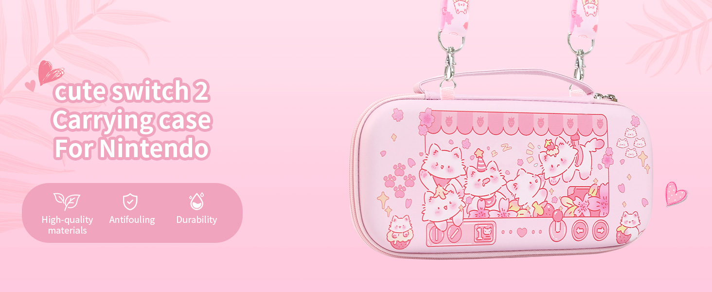 Cute Switch 2 Carrying Case, Kawaii Cat Travel Carry Case with Shoulder Strap