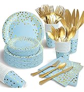 AIRE 175Pcs Blue and Gold Paper Plates Dinnerware Sets for 25 Guests, Party Decorations Paper Pla...