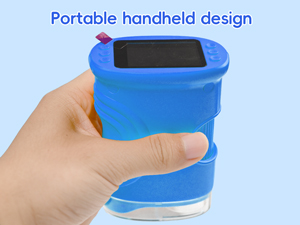 Text reads 'Portable handheld design'. Blue handheld device shown from multiple angles being held in a hand against light blue background.