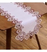 Raedan White Dark Red Jacquard Lace Table Runner 72 inches Long, Claret Dresser Scarf Table Toppe...