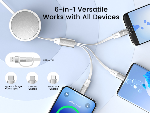 multi retractable usb c cable 6-in-1 Versatile for All Devices type c, L Phone, Micro USB port