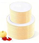 KIRE 200PCS Gold Plastic Plates - Disposable Plates for Party - White Plastic Plates with Gold Ri...