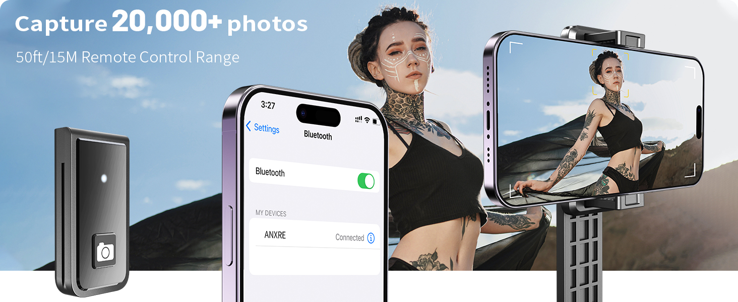Smartphone with extendable camera stand displaying photo gallery. Features 20,000+ photo capacity and 30ft/15M remote control range. Shows device screens and photography examples.