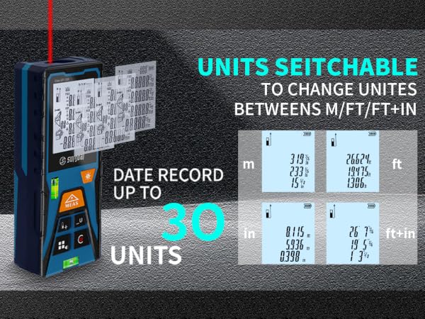 Units switchable between m, ft, in; data record up to 30 sets.