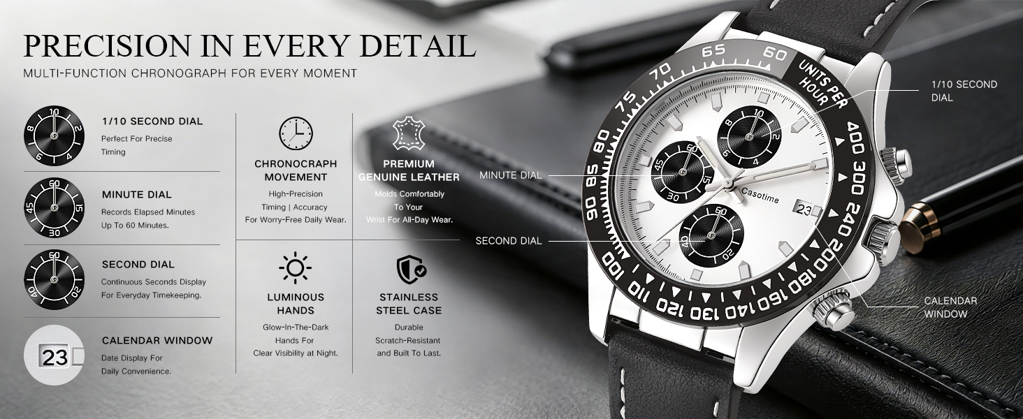 Casotime Watches for Men Leather Band Chronograph Silver and Black
