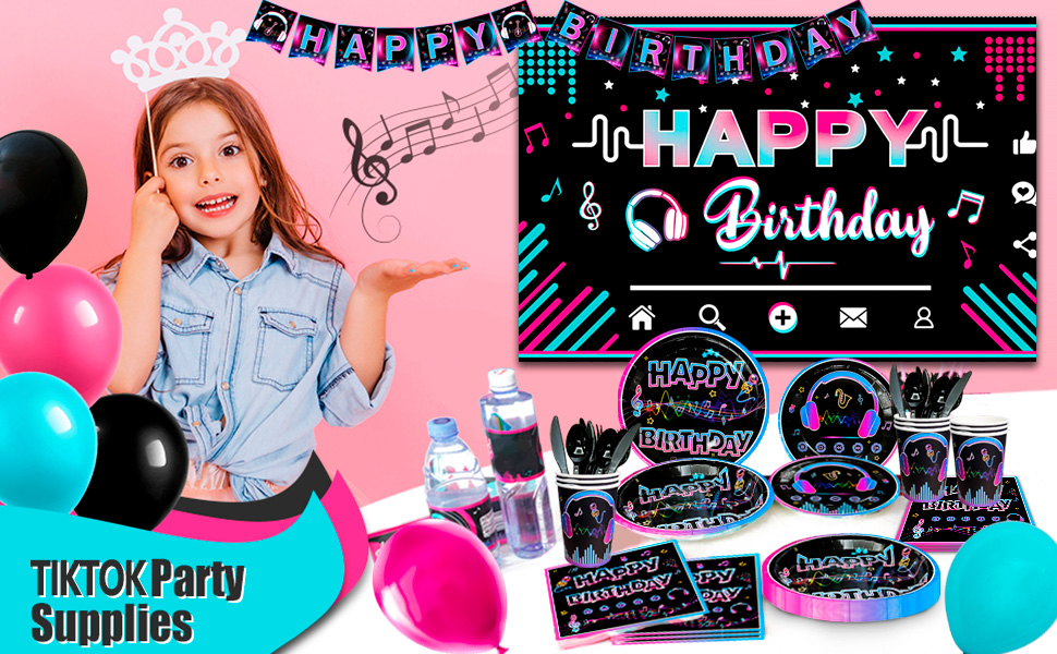TikTok party supplies featuring neon-colored 'Happy Birthday' banner, musical notes, headphones, and various digital-themed decorations.