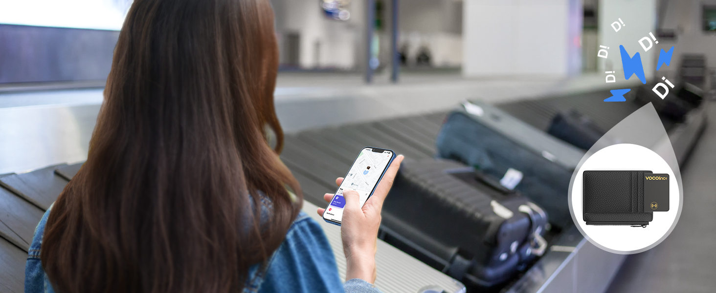 Smartphone wallet case with detachable magnetic cover. Inset image shows slim black wallet attached to phone back. Person using phone in background.