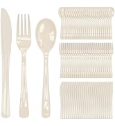 FALIZIFU 150 Pcs Ivory Plastic Cutlery Set Disposable Ivory Heavy Duty Plastic Knives Forks and S...