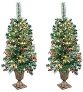 Juegoal 2 Pack Christmas Tree, 3 FT Upgrade Pre-Lit Artificial Spruce Entrance Trees in Gold Urn ...