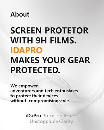 Product information for iDaPro screen protector with 9H films. Text emphasizes device protection for adventurers and tech enthusiasts without compromising style. Highlights 'Precision Armor' and 'Unstoppable Clarity'.