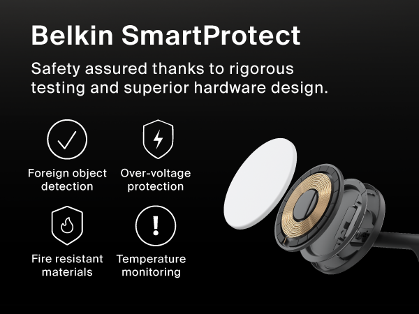 Image of wireless charging station showing inside parts with text reading belkin smartprotect.