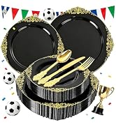 Joyido 125PCS Black and Gold Plastic Plates - Black Disposable Dinnerware Set - Vintage Plastic P...