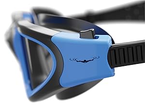 Close-up of bright blue and black protective goggles with adjustable strap and ventilation features.