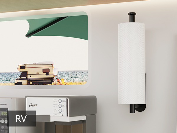 No drill paper towel holder installed in RV kitchen for camper storage and easy access