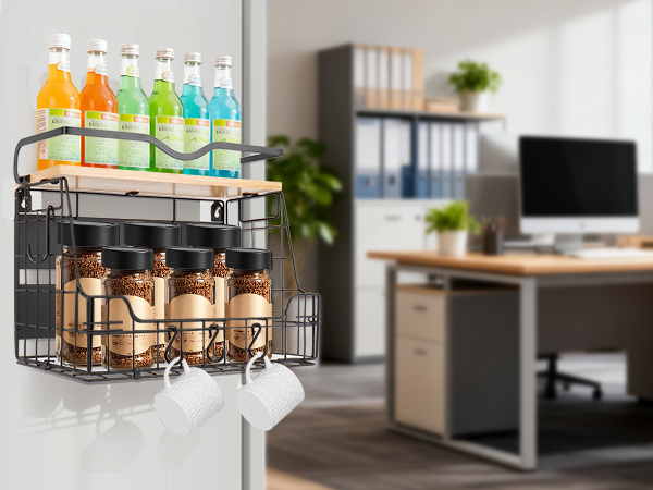 Magnetic Fridge Organizer Basket with Wood Shelf