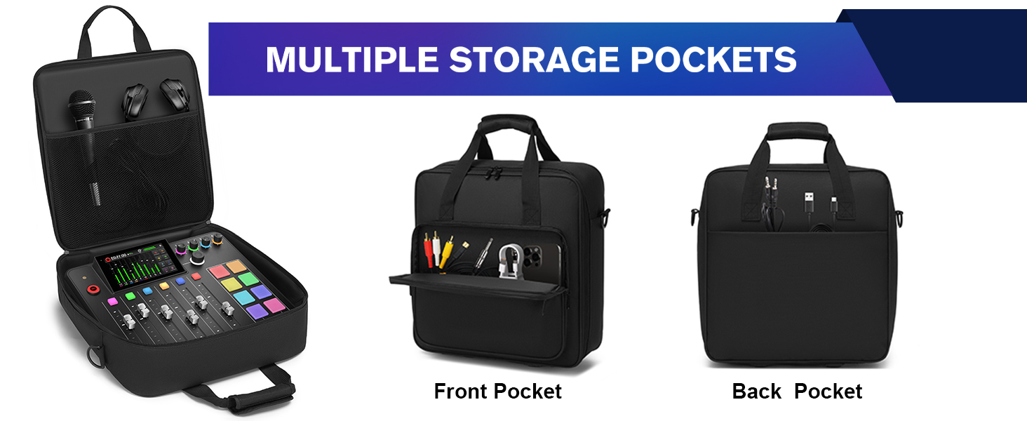The DJ podcast mixer case provides several separate spaces for DJ controller and dj accessories.