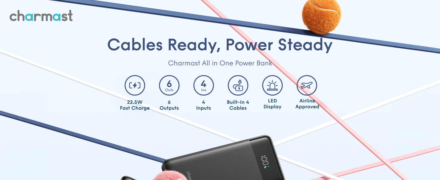 6 outputs 4 input 20W PD 22.5W fast charging with huge led display cable reinforced