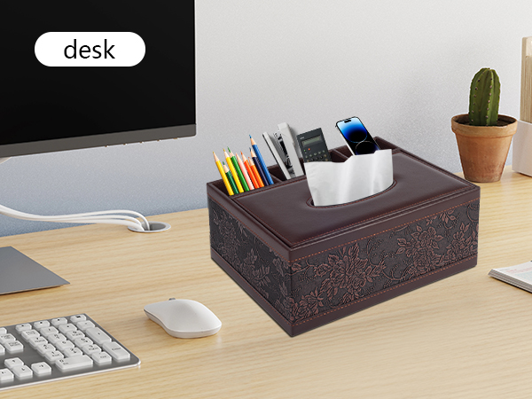 Text reads 'desk'. Multiple views of a desk organizer or storage box in dark brown, shown on a wooden desk surface with office supplies.