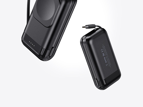 Two black portable battery packs or power banks, one standing upright and one laying flat, with smooth matte finish and rounded edges.