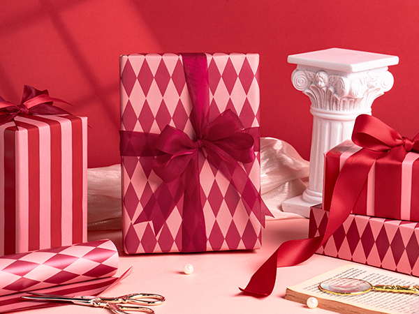 Red and Pink Stripes and Diamond Pattern Reversible Wrapping Paper