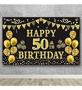 Trgowaul 50th Birthday Backdrop Gold and Black 5.9 X 3.6 Fts Happy Birthday Party Decorations Ban...