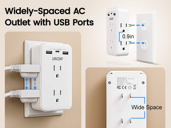 Widely-Spaced AC Outlet with USB Ports without Blocking each other