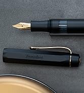Close-up sequence showing a black fountain pen with gold-colored nib and trim details against a dark gray background.