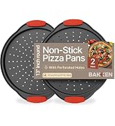 Pizza Tray – 2 Round with Silicone Handles – Carbon Steel Pizza Pan with Holes and Non-Stick Coat...
