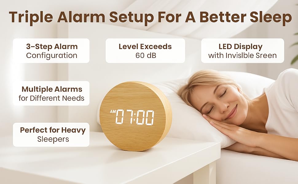 Triple Alarm Clock – Wooden Digital Clock with LED Display