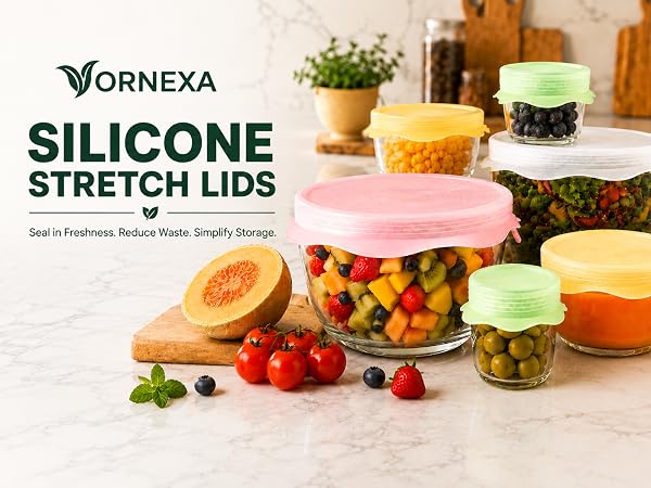 Vornexa silicone stretch lids covering glass bowls and food containers of different sizes.