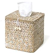 Tissue Box Cover Square, Woven Seagrass Tissue Box Holder with Lid, Wicker Tissue Box Decora...