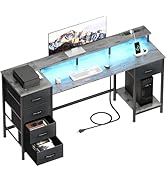 Korfile 55 Inch Computer Gaming Desk with Power Outlets LED Lights, Reversible Home Office with A...