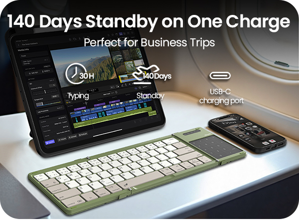 One charge lasts 140 days standby or 30 hours of typing perfect for business trips and flights
