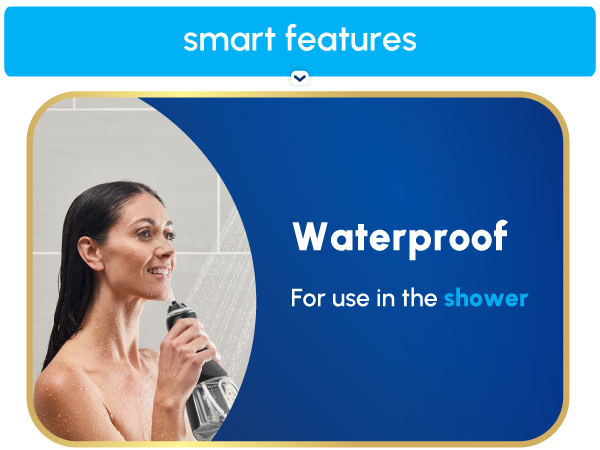 Image of Waterpik Cordless Advanced water flosser with text reading waterproof for use in the shower