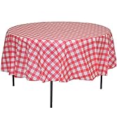 Exquisite 12 Pack Premium Round Plastic Checkered BBQ Tablecloth - Red & White Gingham Checkerboa...