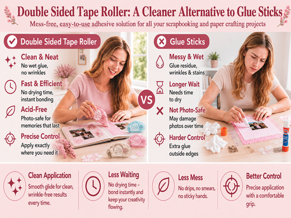 Double sided tape roller for scrapbook pages, photos and paper crafts