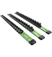 ABN Green Aluminum SAE Socket Holder Rail 3pc Set – 1/4in, 3/8in, 1/2in Tool Socket Organizer Rai...