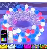 46ft Smart Color Changing Red White and Blue String Lights Outdoor Indoor | 100LED 4th of July De...