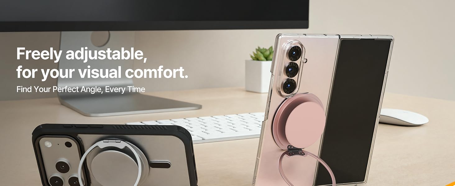 Text reads 'Freely adjustable, for your visual comfort. Find Your Perfect Angle.' Pink phone mount holding smartphone on desk with monitor and lamp visible.