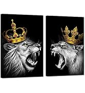 iHAPPYWALL 2 Pieces Set Lion Couple Canvas Wall Art Black and White Lion and Lioness Gold Crown K...
