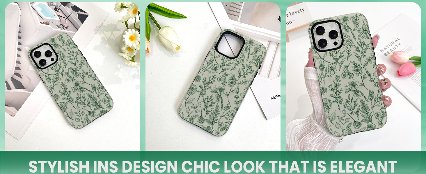 SOKAD Classic Sage Flower Floral Magnetic Phone Case with Screen Protector for Women Girly