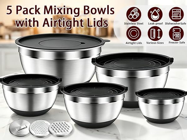 Mixing Bowls with Lids with 3 Grater Attachments