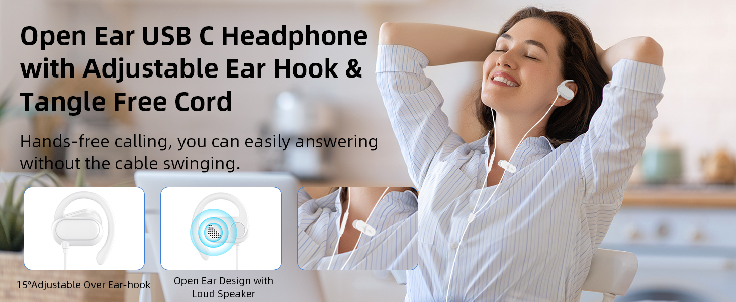 USB Type C Headphone Open Ear Adjustable Over Ear Hook Headset School Kid Earphone Wired Earbuds