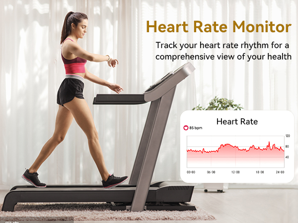 A woman wearing a watch is monitoring her heart rate on a treadmill