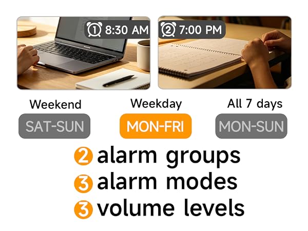 dual alarm clock with weekday weekend mode 3 volume levels for heavy sleepers teens adults
