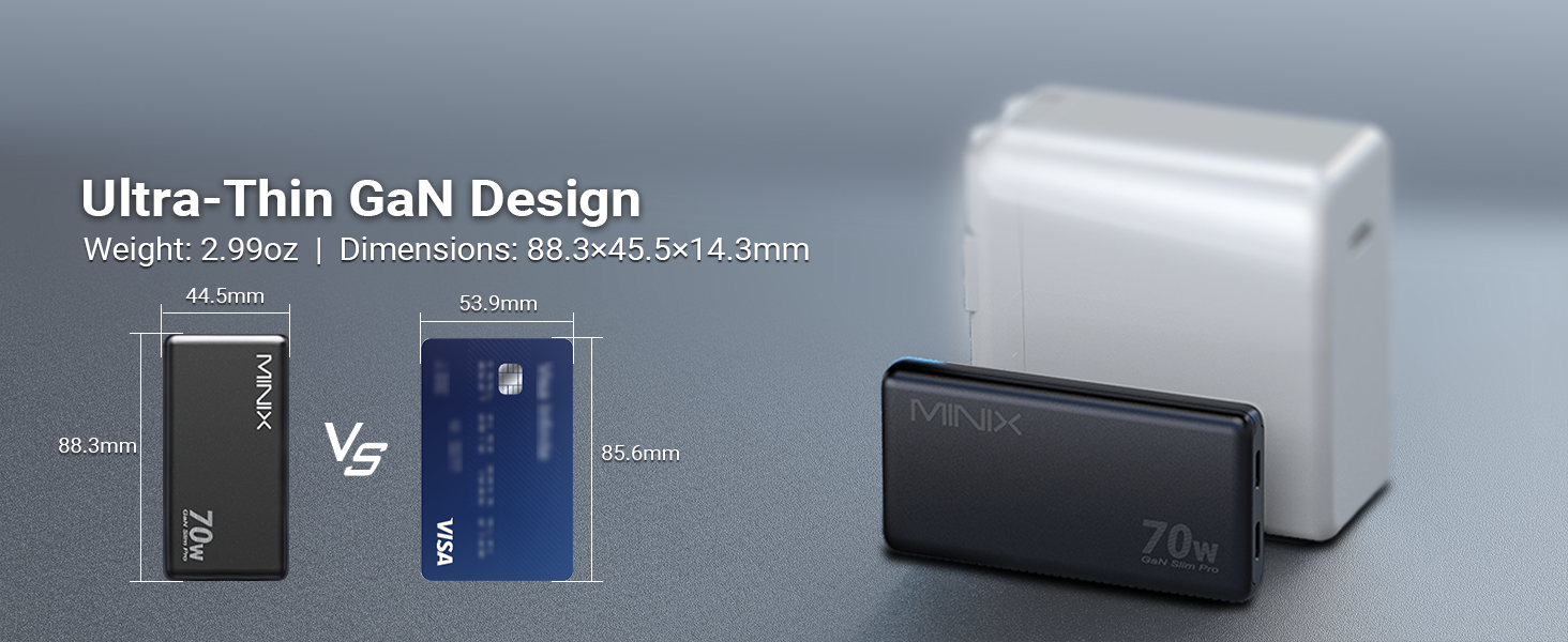 Text reads 'Ultra-Thin GaN Design' and 'Weight: 3.5oz | Dimension: 88.2mm x 58.5mm x 11mm'. Compact black and white portable charging devices displayed with size comparison.